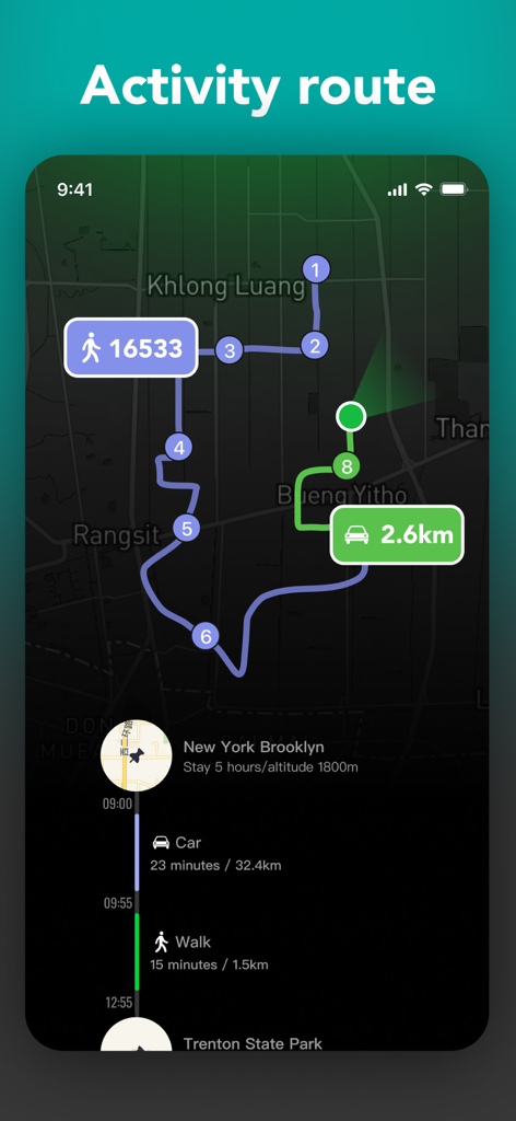 MoveX - Step and Run Tracker - MoveX app interface showing a GPS activity route map with step counts and a chronological movement timeline