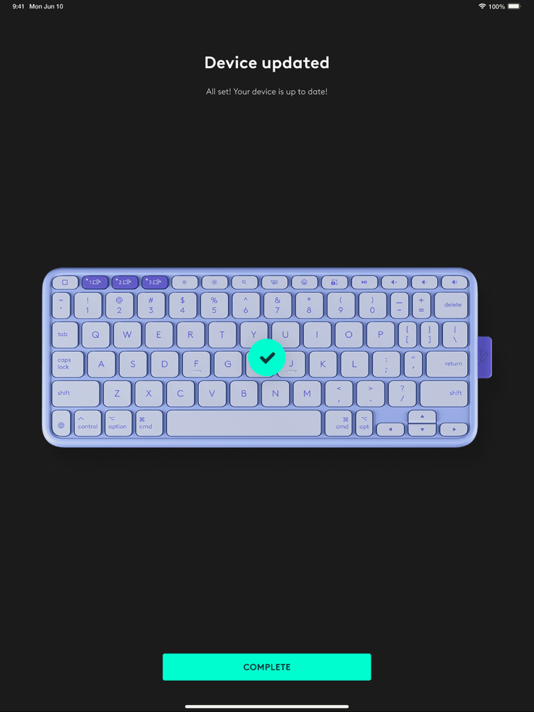 Logi Options+ Mobile - Pantalla de éxito en la aplicación Logi Options plus Mobile mostrando que un teclado Logitech está actualizado