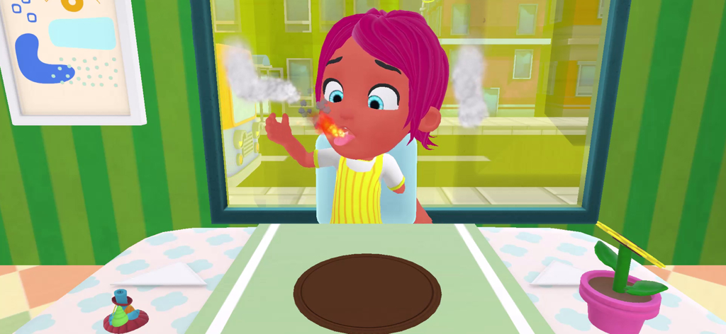 Cooking Master: Chef Game - A cartoon girl character breathing fire and steam after eating spicy food in Cooking Master Chef Game