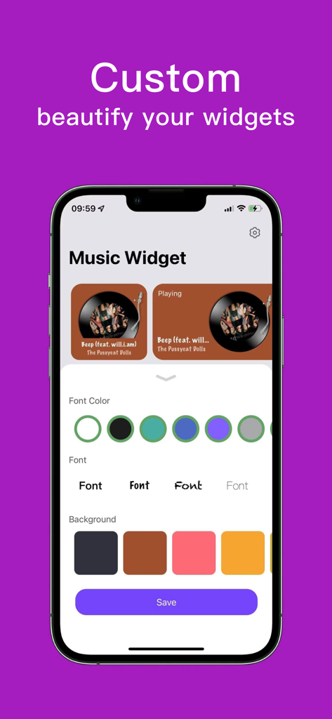 Customization screen for the Music Widget showing font and background color options for vinyl player widgets.