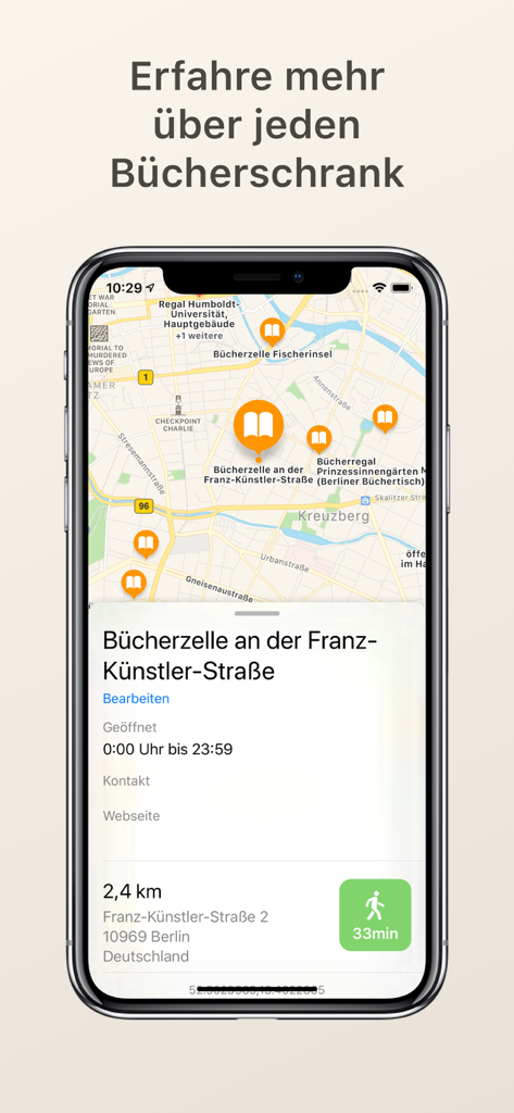 Public Bookshelf - 近くの無料図書館の場所と徒歩での距離を示すPublic Bookshelfアプリのマップビュー