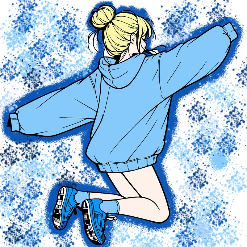realistic girl jumping with a bun and oversized sweatshirt