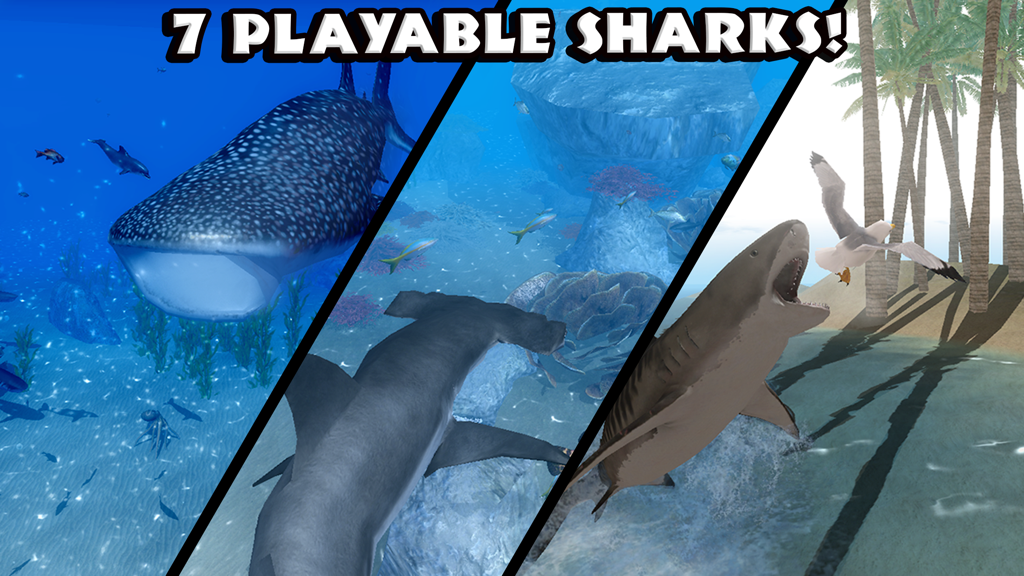 Ultimate Shark Simulator - Pantalla dividida que muestra diferentes tiburones jugables en Ultimate Shark Simulator, incluyendo un tiburón ballena y un tiburón martillo