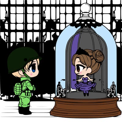 imagine a chibi tin soldier gazing up at a chibi ballerina inside a glass dome set against a window backdrop. the scene is in black and white, without black fill, perfect for easy and playful coloring. let kids add their creative touch to this delightful window view