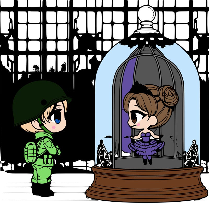 imagine a chibi tin soldier gazing up at a chibi ballerina inside a glass dome set against a window backdrop. the scene is in black and white, without black fill, perfect for easy and playful coloring. let kids add their creative touch to this delightful window view
