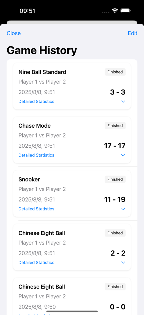 BiliScore Plus - Pantalla de la aplicación BiliScore Plus que muestra una lista de registros de partidas de billar completadas para Bola 9, Snooker y Bola 8 con puntuaciones finales y marcas de tiempo.