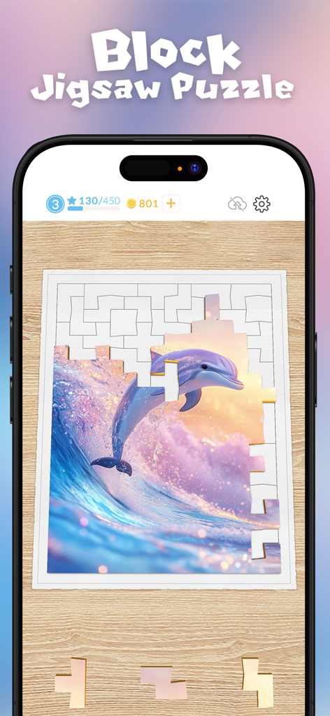 Antistress Block Jigsaw Puzzle - Um quebra-cabeça de blocos antiestresse mostrando um belo golfinho saltando de um oceano ao pôr do sol