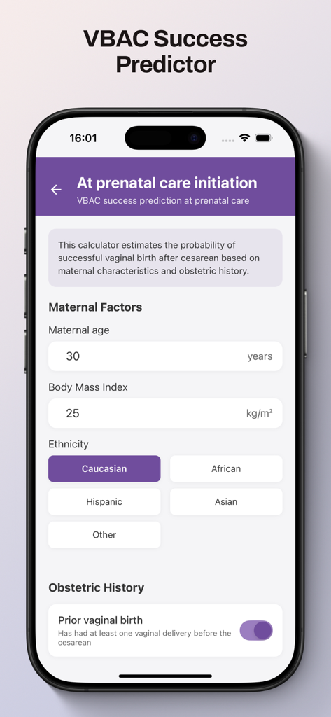 Obstetric Calculators - Obstetric Calculators app screen showing the VBAC Success Predictor tool with fields for maternal age BMI and ethnicity