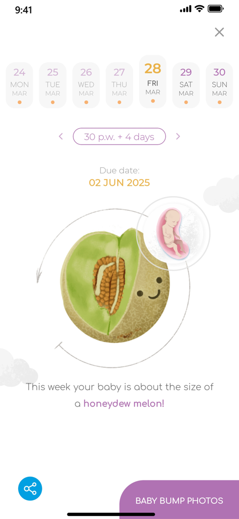 GAIA Pregnancy & Parenting - GAIA Pregnancy app screen showing baby size compared to a honeydew melon at week 30