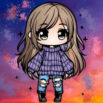 chibi girl with ripped jeans,long hair, and an oversized sweater