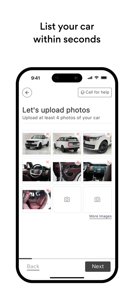 iQ Cars - سوق سيارات العراق - iQ Cars mobile app interface for uploading photos to list a vehicle for sale