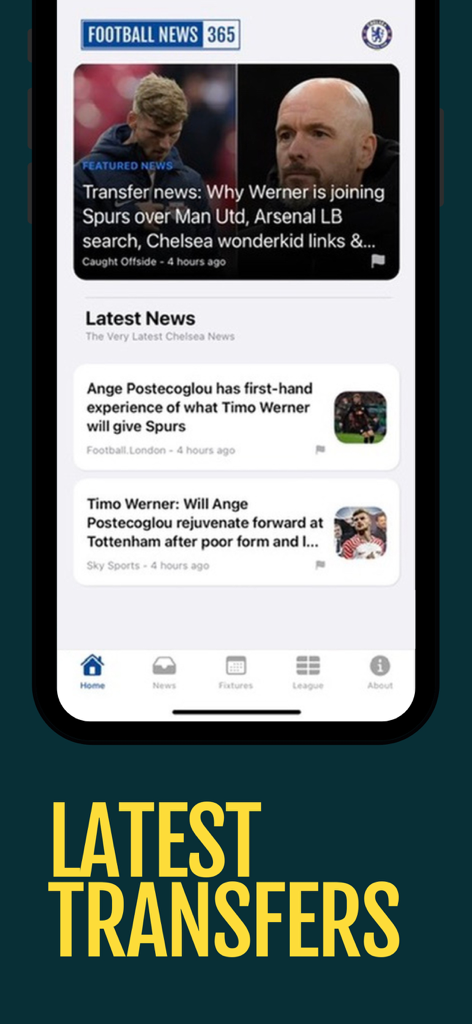 Football News 365 - Soccer - Schermata dell'app Football News 365 che visualizza le ultime notizie sui trasferimenti di calcio