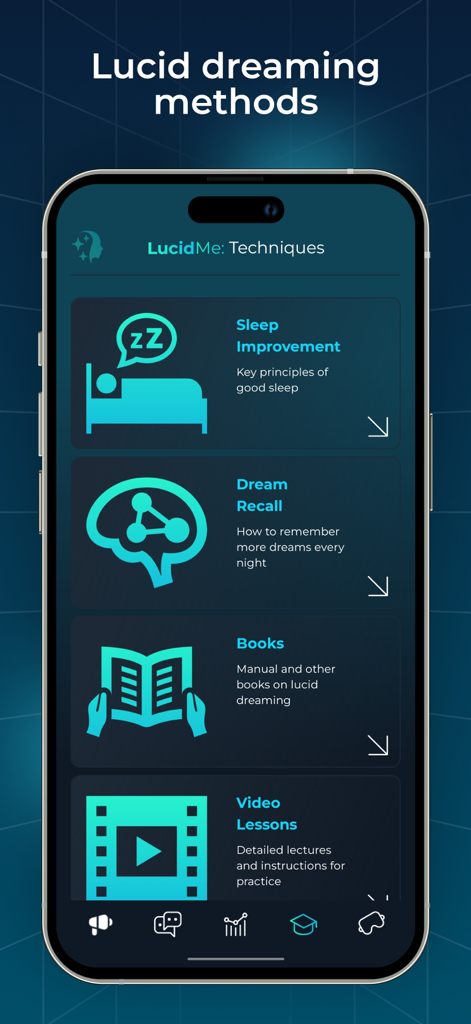 App interface displaying sections for sleep improvement dream recall and video lessons for lucid dreaming