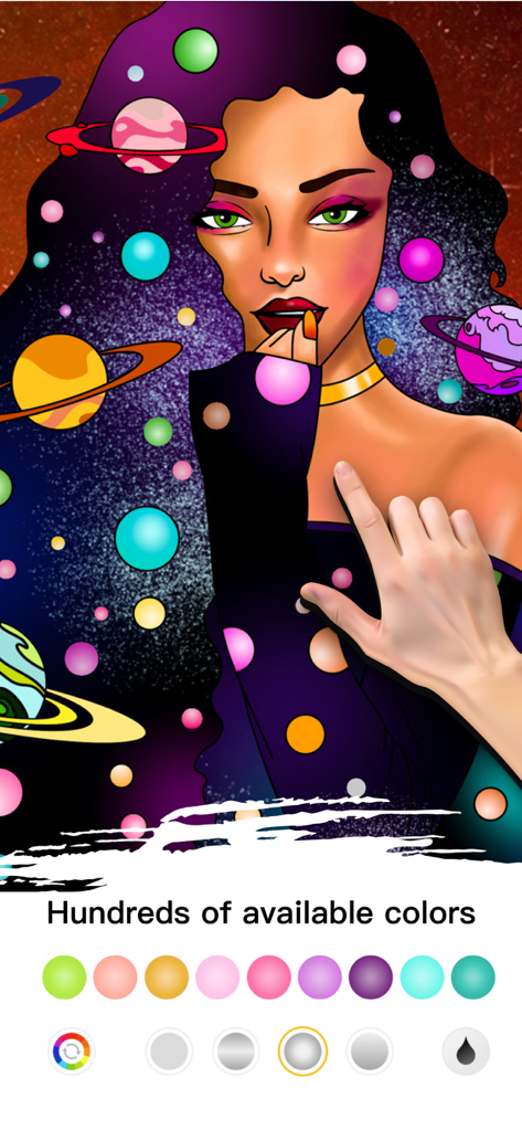 Digital coloring app interface showing a cosmic woman illustration and a vibrant color palette