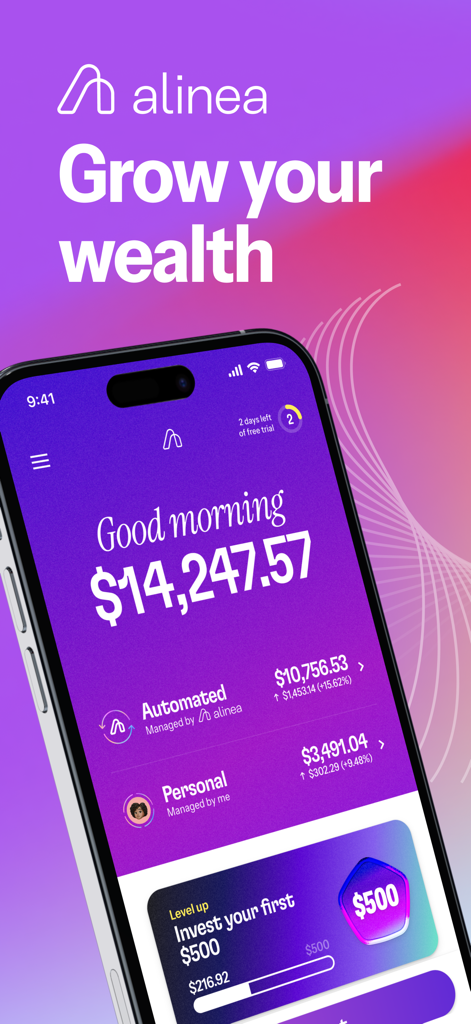 Alinea investing app dashboard showing a portfolio balance and wealth growth features on an iPhone
