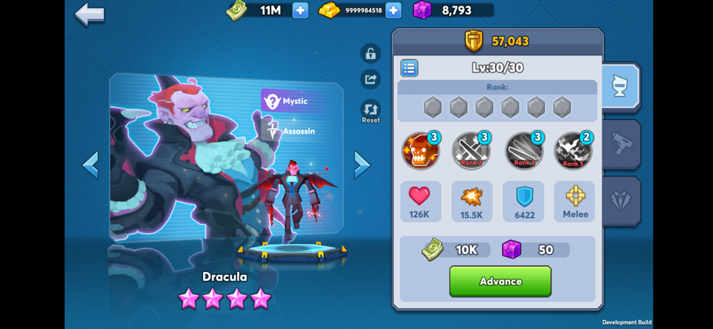 Pantalla de perfil de personaje de Drácula, un héroe Asesino Místico en City Arena, que muestra el nivel y los atributos.