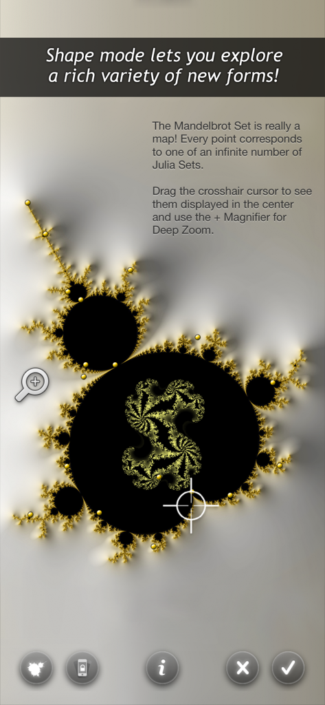Fraⅹ - Fraxアプリのスクリーンショット。インタラクティブな形状モードコントロールを備えた、黒と金のマンデルブロ集合を表示
