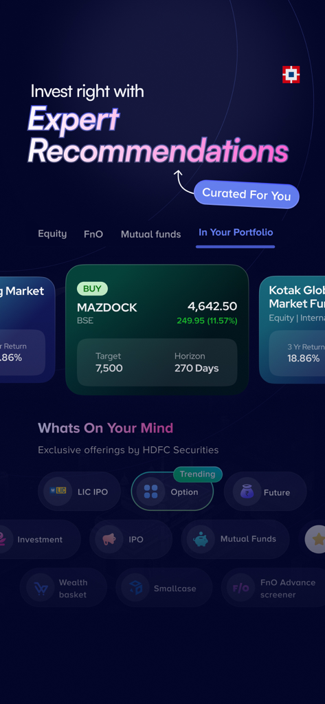 HDFC Securities InvestRight - HDFC Securities InvestRight app dashboard showing curated expert stock recommendations and various investment products