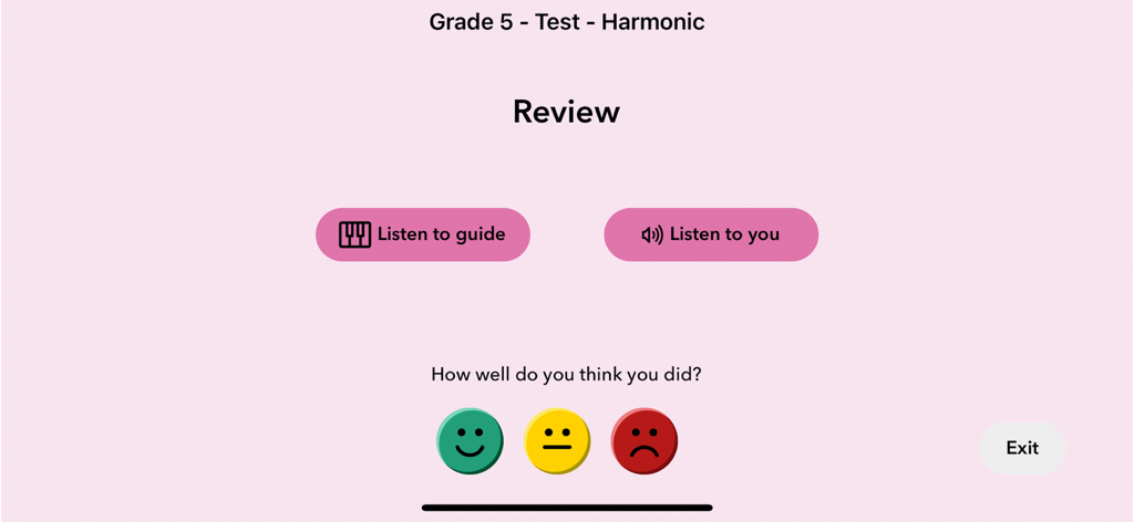 ABRSM Piano Scales Trainer - Review screen in the ABRSM Piano Scales Trainer app showing a self-assessment feature for students to rate their performance after a test.