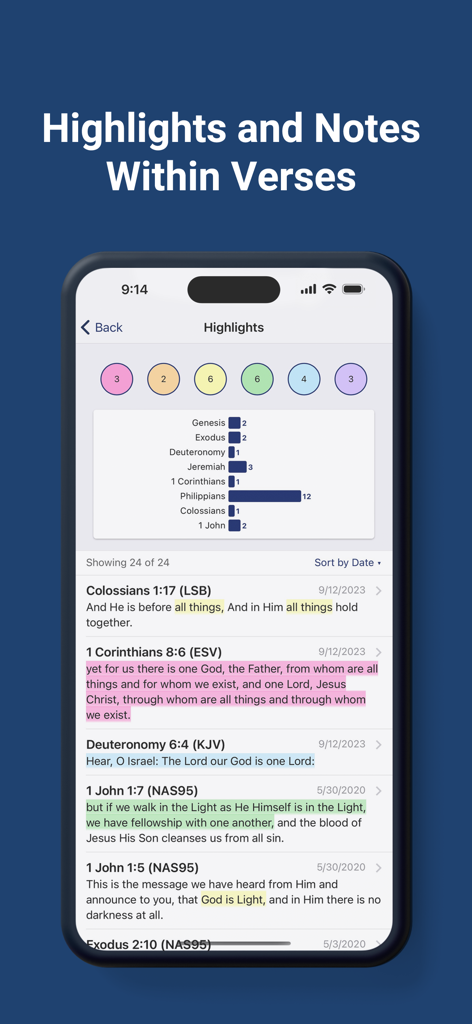 Interface of Literal Word app showing color-coded highlights and notes within Bible verses