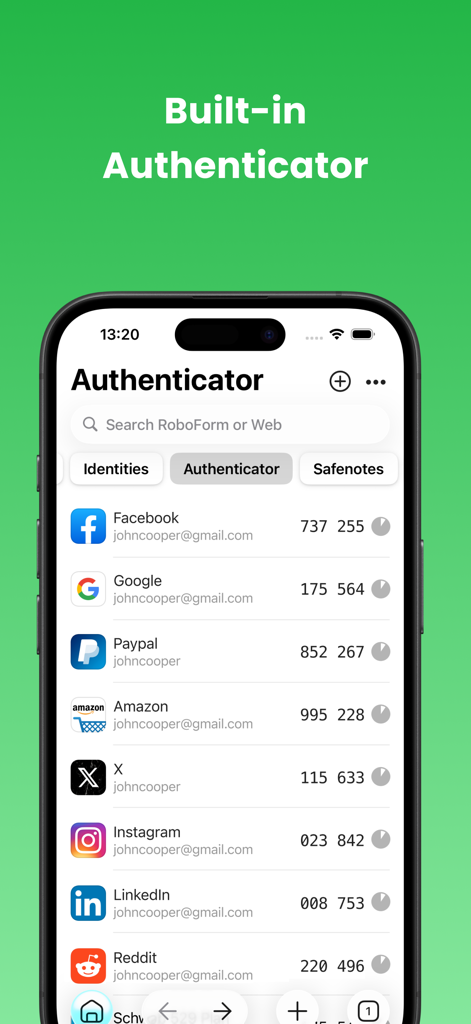 RoboForm Password Manager - Interface do aplicativo RoboForm exibindo o autenticador integrado com códigos 2FA para várias contas.