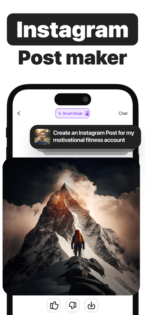 Orion AI - Chatbot Assistant - A smartphone screen showing the Orion AI app generating a motivational mountain climbing image for an Instagram post prompt.