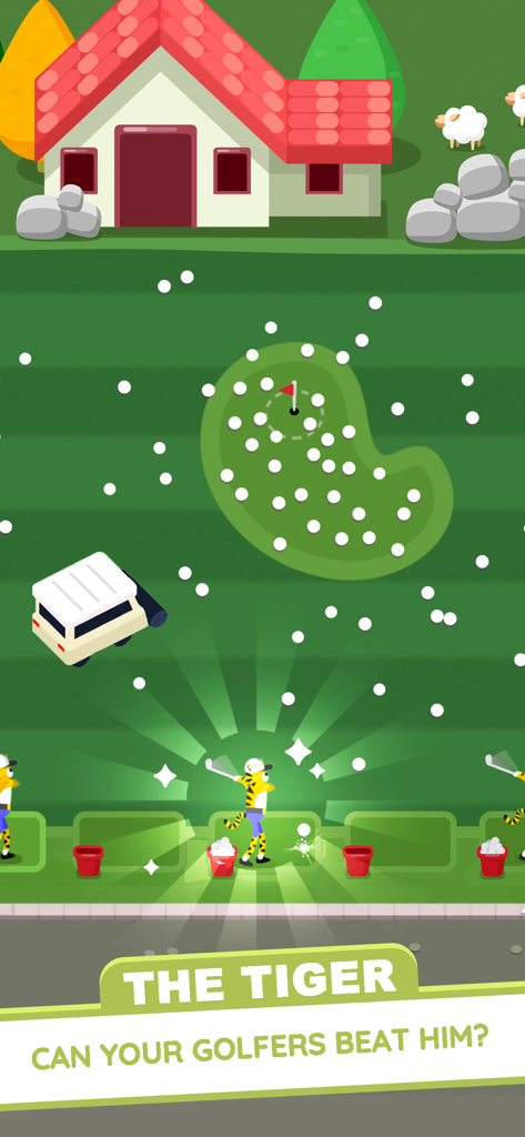 Golf Inc. Tycoon - Un personaje tigre golpeando pelotas de golf en un campo de prácticas en Golf Inc Tycoon.