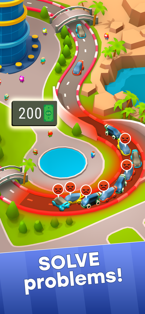 Diamond City: Idle Tycoon - Draufsicht auf eine stilisierte 3D-Stadt mit einem Stau und wütenden Auto-Icons unter dem Text Löse Probleme