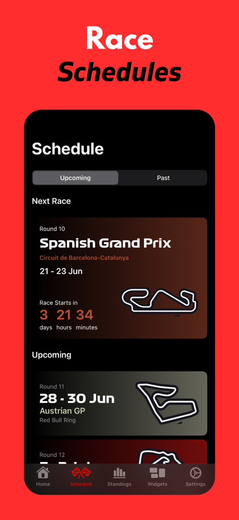 Race Widgets: PitStop Pro - Oberfläche der Race Widgets Pitstop Pro App, die den F1-Rennplan und einen Countdown zum Großen Preis von Spanien anzeigt.