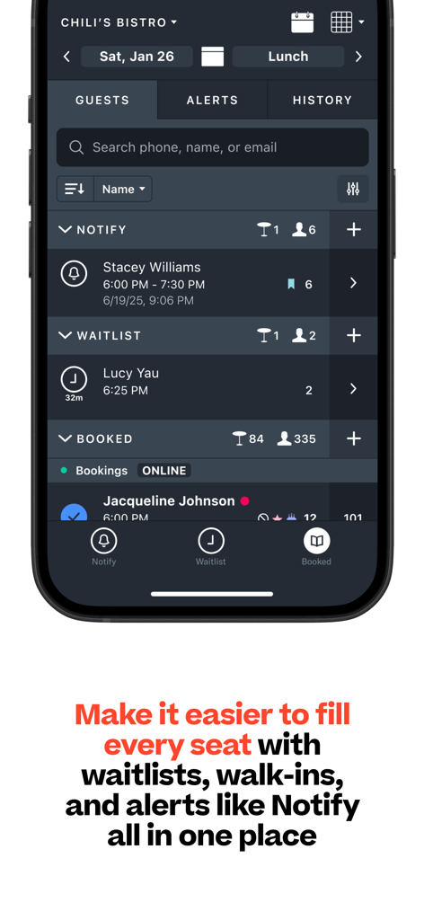 ResyOS mobile App Benutzeroberfläche für die Verwaltung von Gästelisten, Wartelisten und Reservierungsbenachrichtigungen im Restaurant