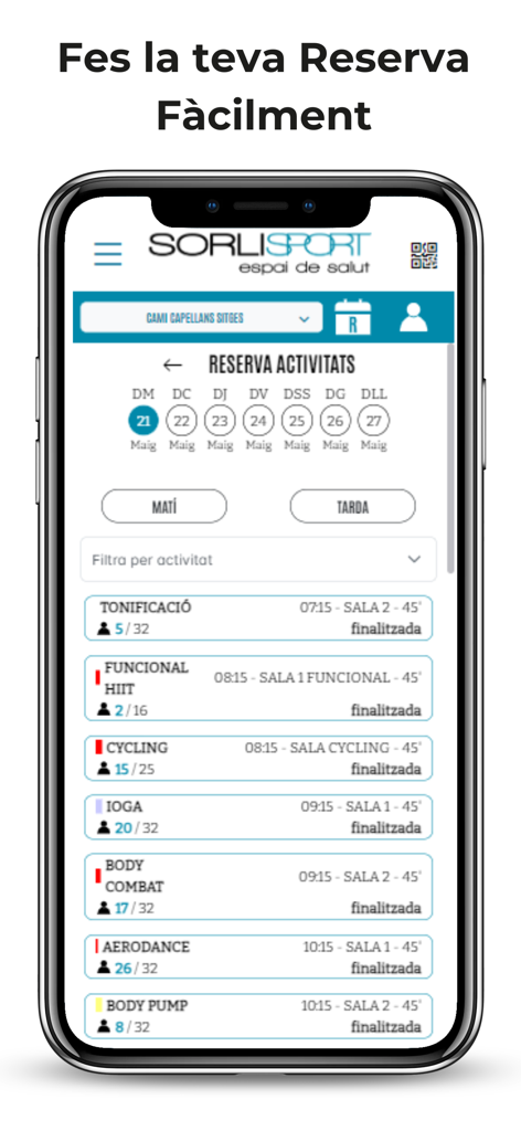 Interface móvel da aplicação Sorli Sport a mostrar uma lista de aulas de fitness como ioga e HIIT disponíveis para reserva.