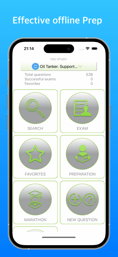 Main menu of the Deck Management Oil Tanker app showing different study modes including Search, Exam, and Marathon for maritime exam preparation.