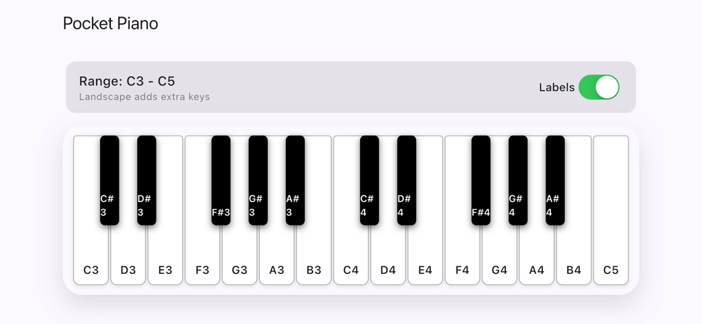 Screenshot of the Pocket-Piano app showing a virtual piano keyboard with note labels ranging from C3 to C5.