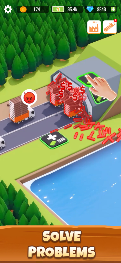 Idle Lumber Empire gameplay showing factory management and problem solving