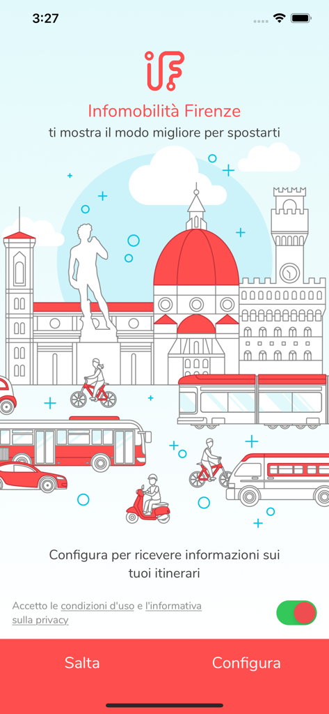 Pantalla de bienvenida de la aplicación Infomobilità Firenze mostrando puntos de referencia de la ciudad e iconos de transporte