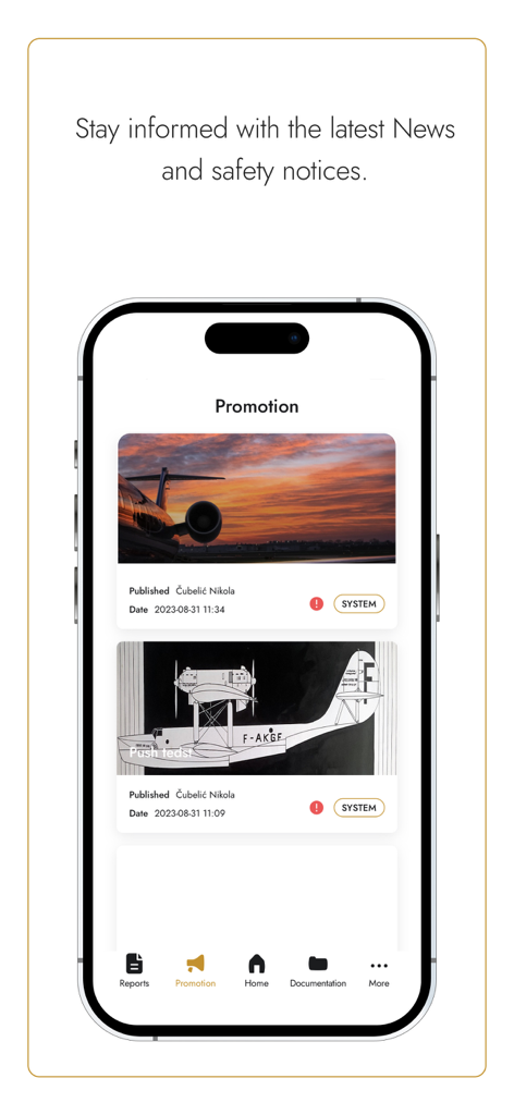 A smartphone displaying the ICARUS SMS app screen for aviation news and safety notices featuring aircraft images.