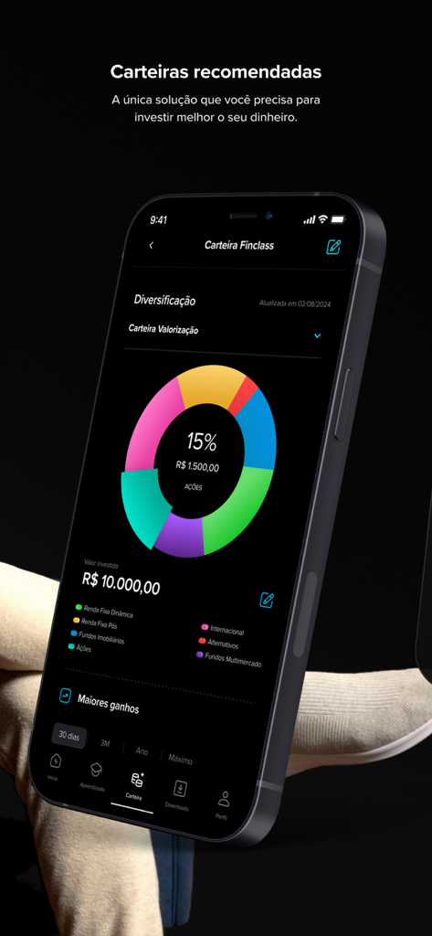 Finclass - Aprenda a Investir - Finclassアプリの投資ポートフォリオ分散チャートを表示するスマートフォン画面。