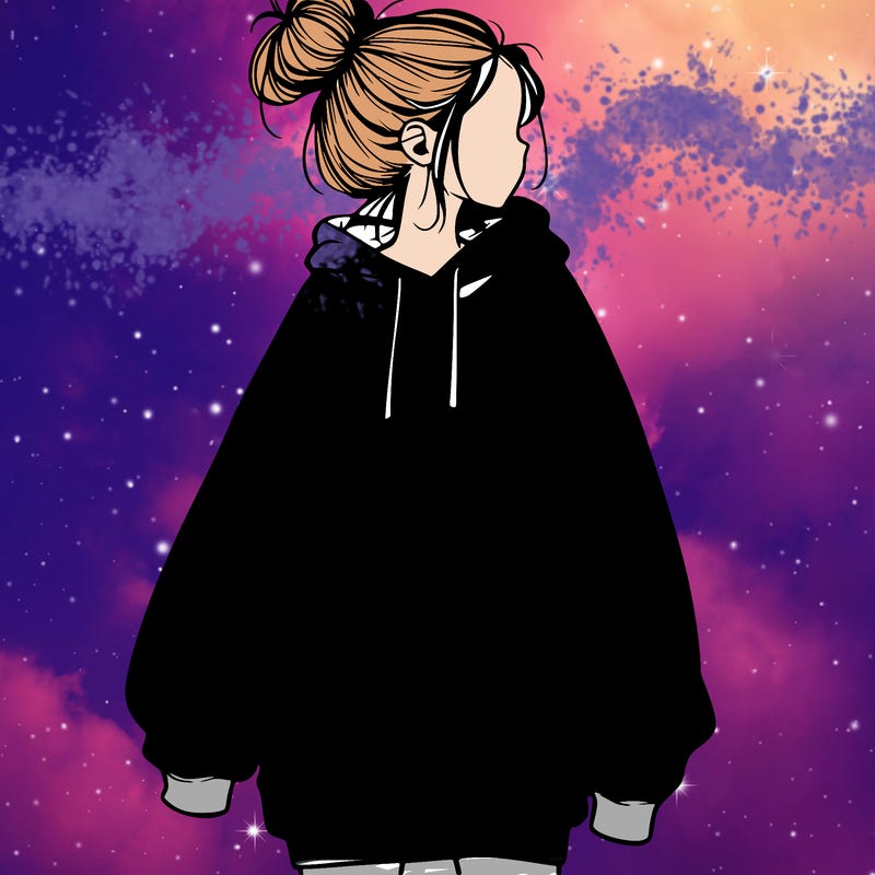 realistic girl with a oversized sweatshirt on and a bun