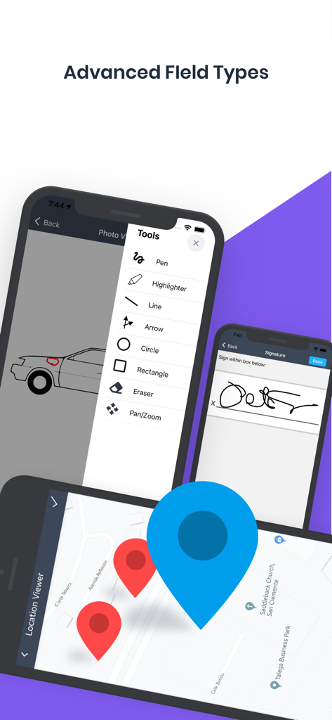 FastField Mobile Forms - FastField mobile app screens showing photo annotation digital signature capture and GPS location tracking features