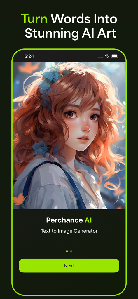 Perchance AI Image Generator - Perchance AI app onboarding screen displaying a high-quality AI-generated anime girl portrait and the text Turn Words Into Stunning AI Art.