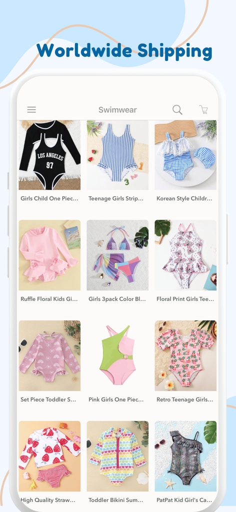 Cheap Kids Clothing Fashion - Interfaccia dell'app mobile che mostra vari stili di costumi da bagno per bambini sotto uno striscione di spedizione mondiale.