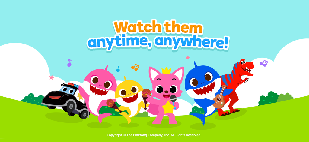 Personajes de Pinkfong y Baby Shark con el texto Míralos en cualquier momento y lugar