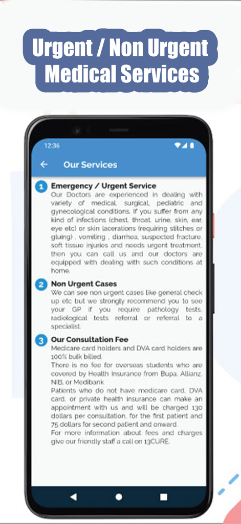 Mobile screen showing 13CURE urgent and non-urgent medical services and consultation fee information