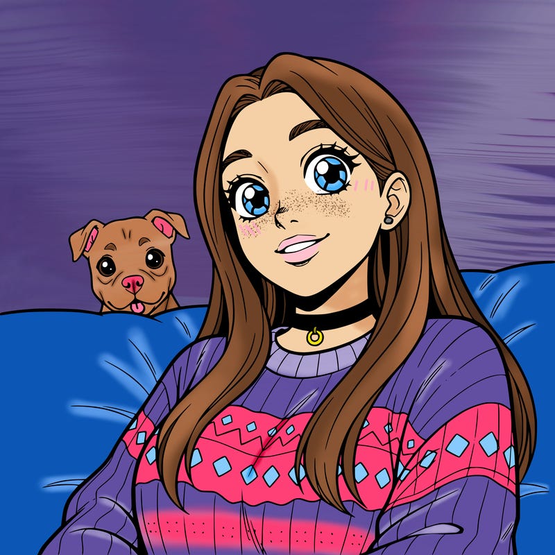 aesthetic girl with a cute sweater also a chocker necklace and long hair and a little pitbull pup in the background