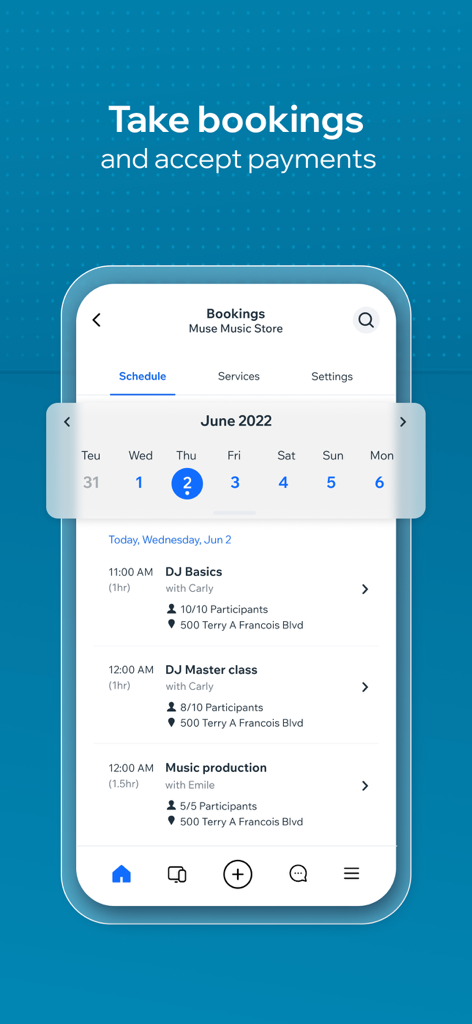 Wix - Website Builder - Interface de l'application Wix montrant la gestion des réservations de cours et du calendrier pour une entreprise.