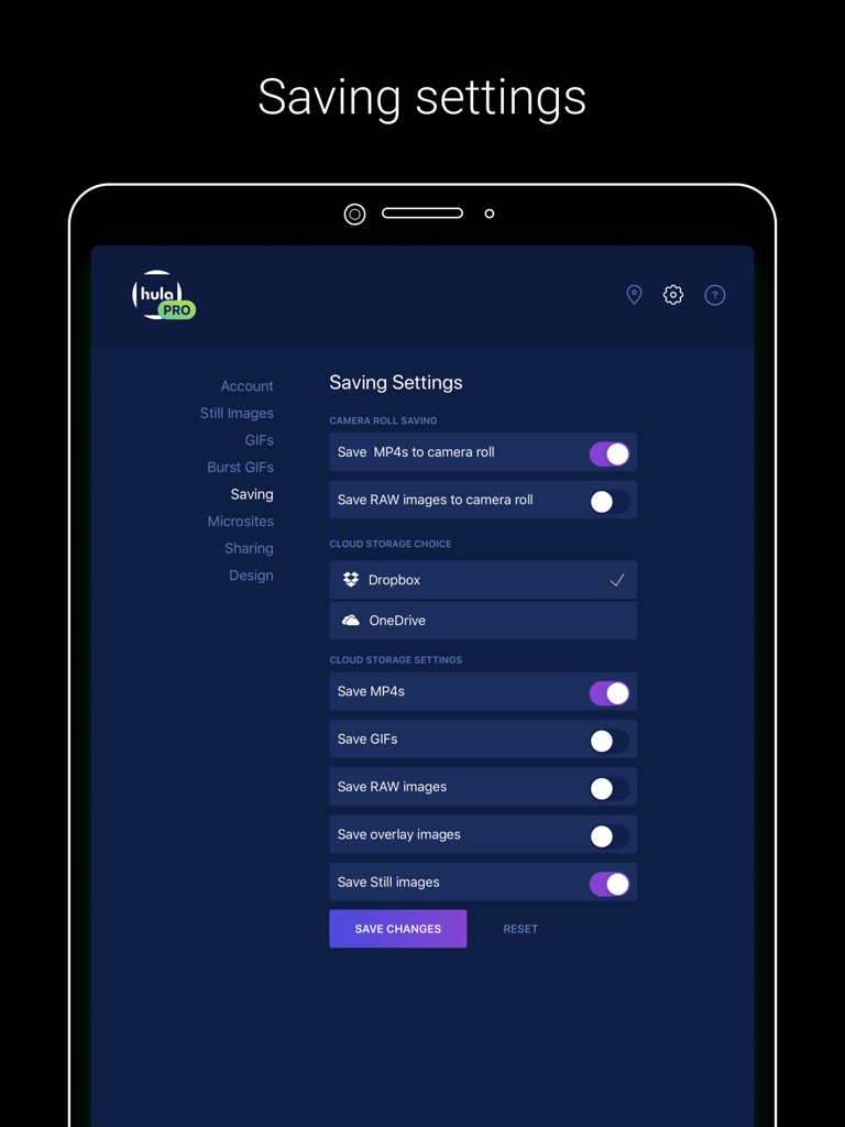 Darkroom Booth - Darkroom Booth Speicher-Einstellungen-Oberfläche auf dem iPad für Cloud-Speicher und Kamera-Roll-Optionen.
