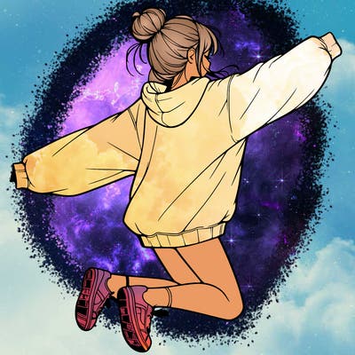realistic girl jumping with a bun and oversized sweatshirt