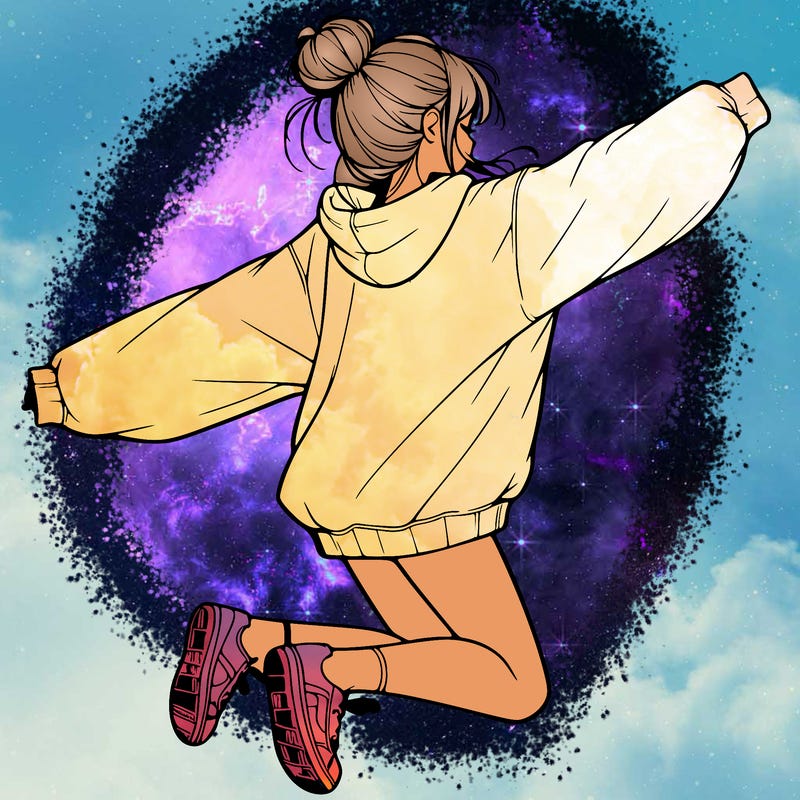 realistic girl jumping with a bun and oversized sweatshirt