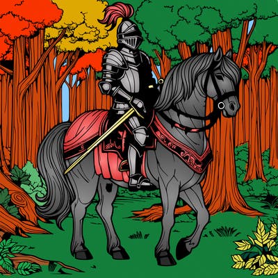 realistic knight with horse in forest