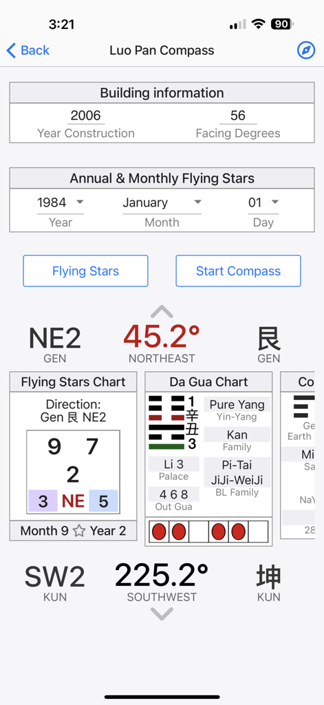 Professional Luo Pan Compass dashboard featuring Flying Stars and Da Gua charts with directional degree readings.